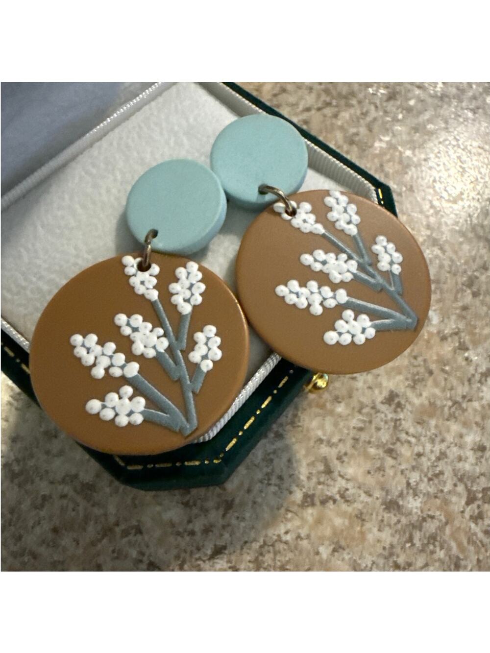 Handmade Floral Polymer Clay Post Drop Earrings – Blue & Tan Botanical Dangles